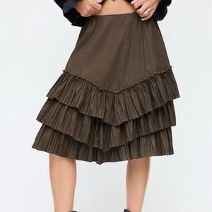 Cider Olive Tiered Ruffle Midi Skirt